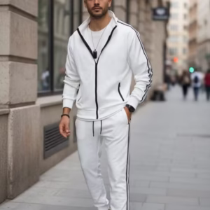 Trening Slim Fit pentru Bărbați - Hanorac și Pantaloni Alb - Colectia Nouă