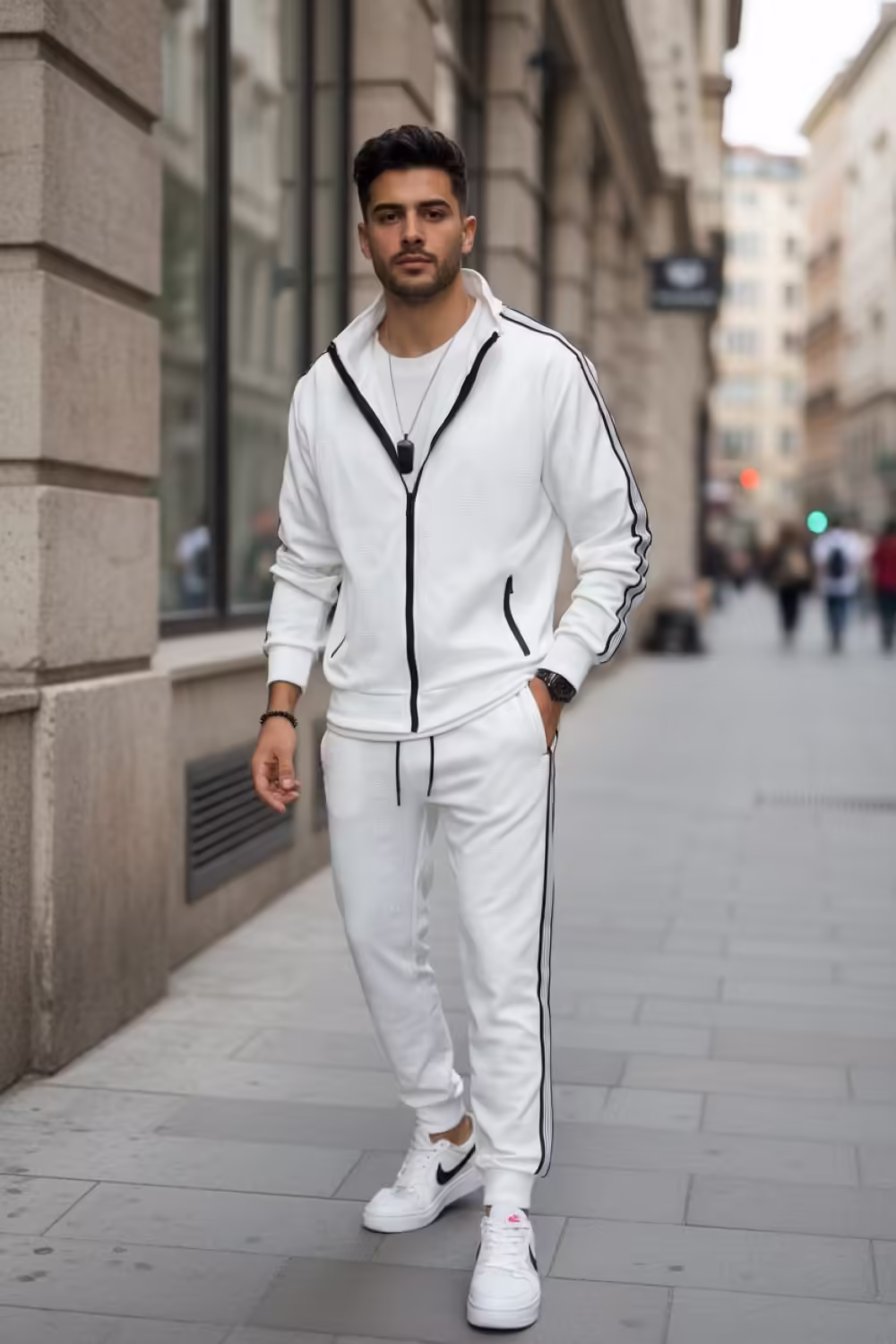 Trening Slim Fit pentru Bărbați – Hanorac și Pantaloni Alb – Colectia Nouă