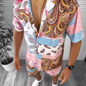 Compleu de vară pentru bărbați – cămașă slim fit cu imprimeu și pantaloni