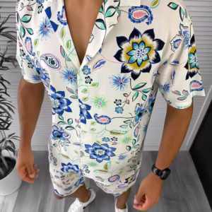 Compleu de vară pentru bărbați – cămașă slim fit cu imprimeu și pantaloni