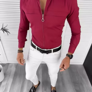 Cămașă bărbătească elegantă grena din bumbac și lycra – Slim Fit pentru birou și casual