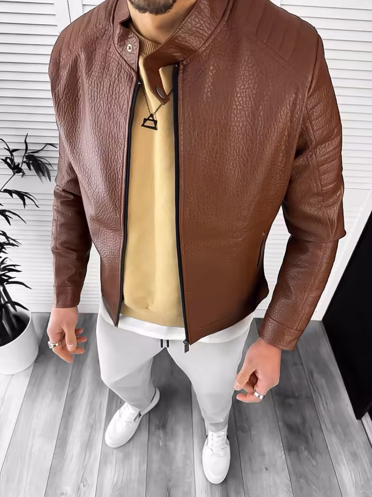 Geacă bărbați maro din piele ecologică – Model Slim Fit