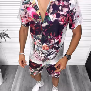 Compleu de vară pentru bărbați - cămașă slim fit cu imprimeu și pantaloni scurți