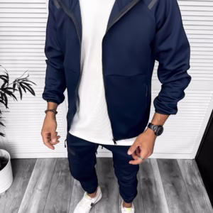 Trening bărbătesc slim fit cu pantaloni și hanorac bleumarin – Colectia Nouă