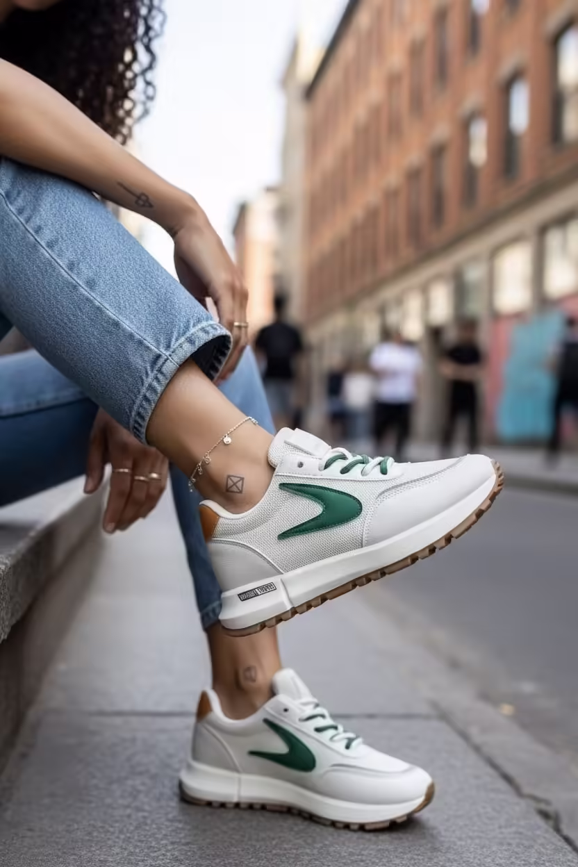 Adidași dama casual albi cu accente verzi – Model 266