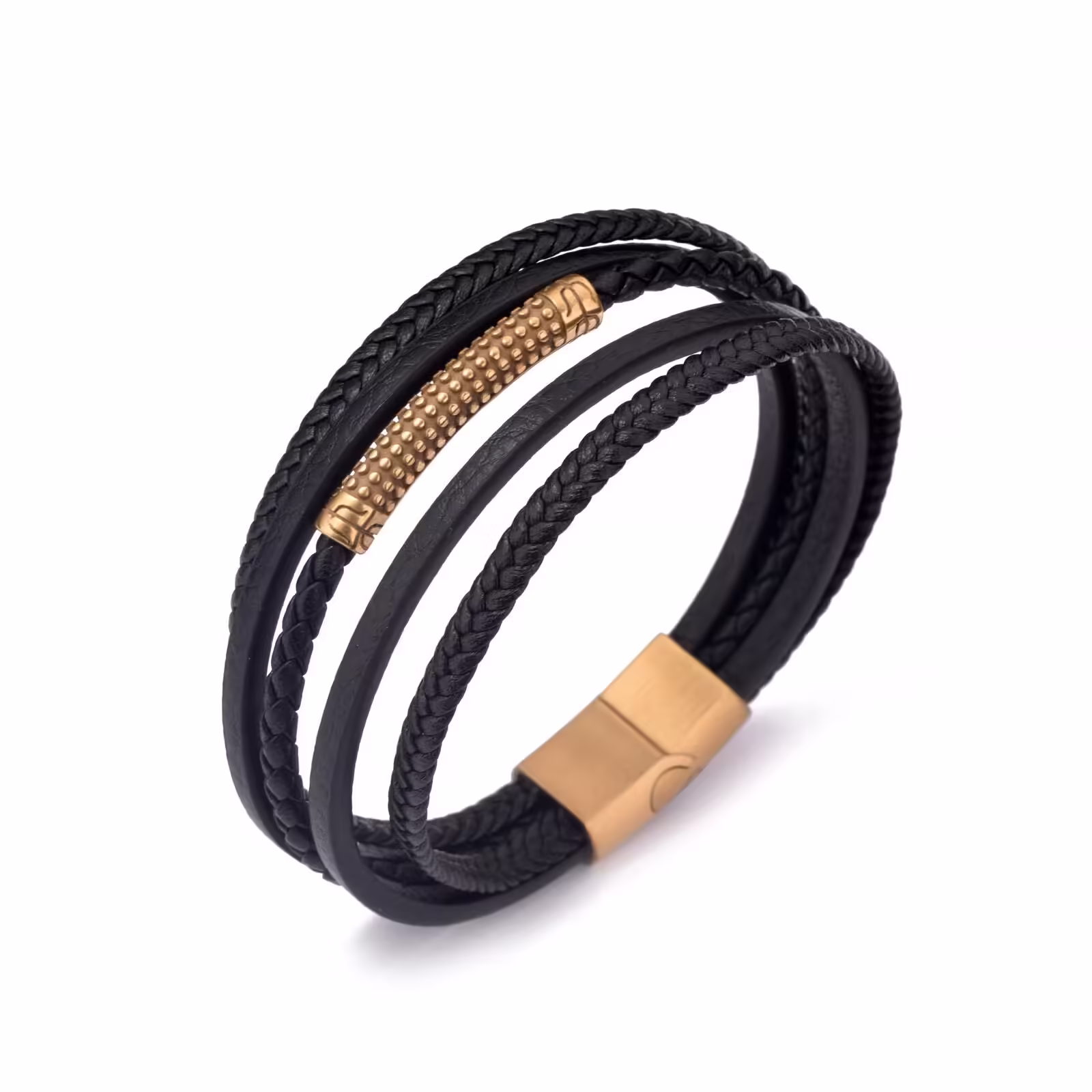 Brățară bărbați din piele naturală negru-auriu – Liam
