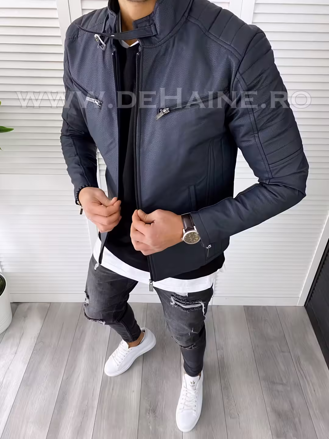 Geacă bărbați bleumarin din piele ecologică B7179 – Stil Slim Fit