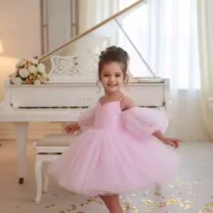 Rochie roz eleganta pentru fete, din tulle cu glitter si maneci bufante - Eloise