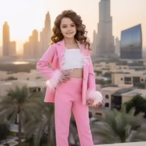 Compleu roz elegant pantaloni si sacou accesorizat cu blanita naturala pentru fete - Belinda