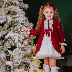 Rochie rosie vintage pentru fete, din catifea rosie si dantela alba - Zina