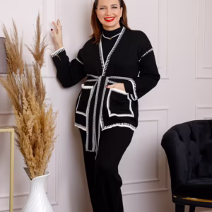 Compleu Leyla Negru din Tricot – Bluza și Pantaloni Eleganți