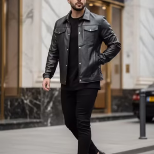 Geacă bărbați neagră din piele ecologică – Model Slim Fit 12204 T13-1