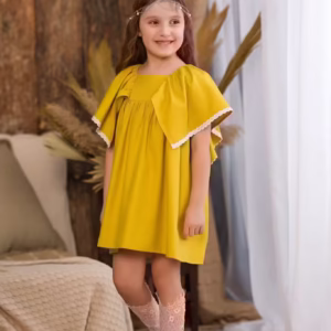 Rochie galbena eleganta din in si dantela alba pentru fete - Allison