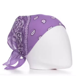 Bandană tip batic pătrat cu imprimeu alb pe fond lila – Stil și Eleganță