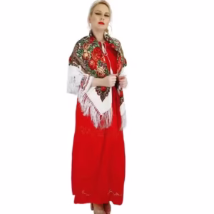 Batic Etno Alb cu Bujori – Esarfa Lunga din Casmir pentru Doamne