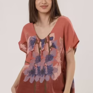 Bluza din in oversize cu funda la spate si imprimeu floral stilizat pastel, pe fond roz inchis