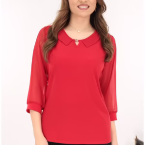 Bluza elegantă roșie cu guleruș din tricot și voal