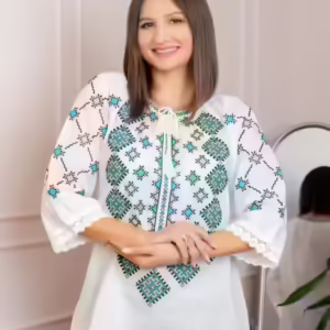 Bluza tip ie alba cu motiv geometric bleu Damiana