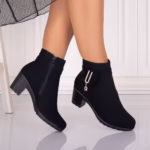 Botine Dama Imblanite cu toc Negre din Piele Ecologica Intoarsa Jomya