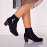 Botine Dama Imblanite cu toc Negre din Piele Ecologica Intoarsa Jomya