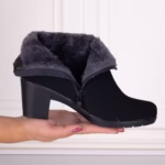 Botine Dama Imblanite cu toc Negre din Piele Ecologica Intoarsa Jomya