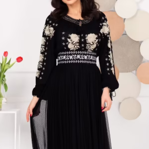 Brau tradițional cu broderie florală gri – Eleganță și confort