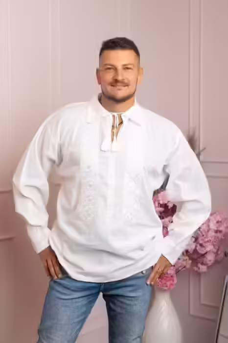 Cămașă bărbătească tradițională albă cu broderie florală Aurelian