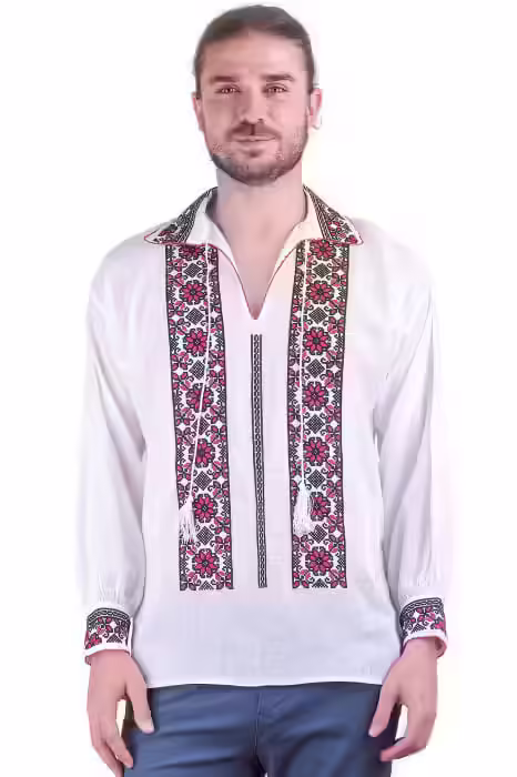 Cămașă Bărbațească Albă cu Motiv Floral Roșu – Gabriel 01