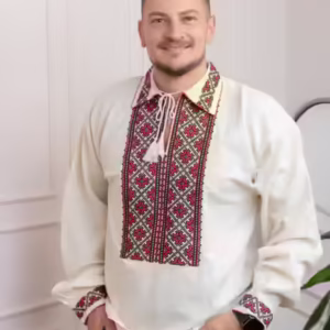Cămașă Bărbațească Tradicională Crem cu Motiv Geometric Roșu – Laurentiu