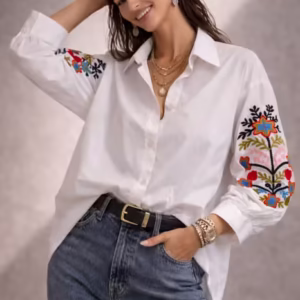 Camasa dama alba cu broderie multicolora pe maneci