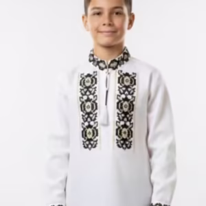 Cămașă tradițională albă pentru băieți cu broderie florală bicoloră – Octavian