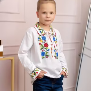 Cămașă tradițională albă pentru băieți cu broderie florală multicoloră Beniamin