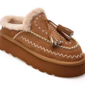 Papuci O-JOO maro, GWEN ETNO SABOT, din piele intoarsa