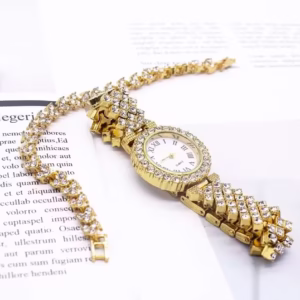 Ceas dama elegant, cu cristale, si bratara, aurii