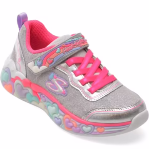 Pantofi sport argintii SKECHERS ETERNAL HEART LIGHTS pentru fetițe