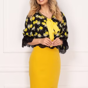 Fustă conică mustar cu dantelă și talie înaltă – Eleganță și confort