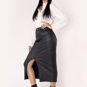 Fustă Midi din Piele Ecologică Negru Mat - Stil Casual