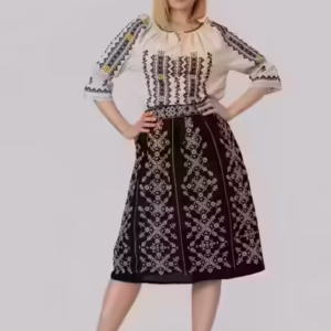 Fusta traditionala neagra cu broderie geometrica crem Elisabeta