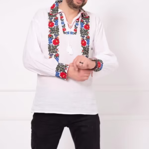 Ie bărbătească albă din bumbac cu broderie florală tradițională