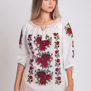 Ie traditionala alba cu motiv floral rosu Alina 01