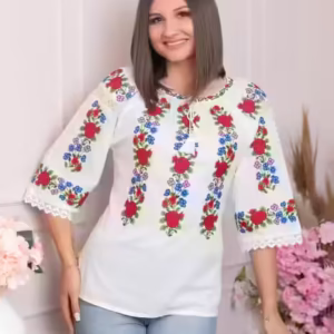 Ie traditionala alba cu motiv floral rosu Sabrina