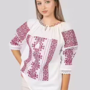 Ie traditionala alba cu motiv floral rosu Sanziana 01