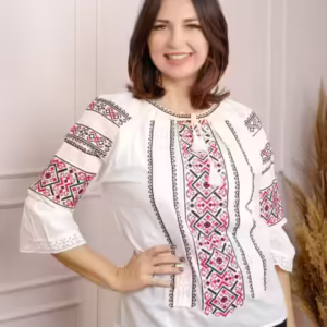 Ie traditionala alba cu motiv geometric rosu Raluca