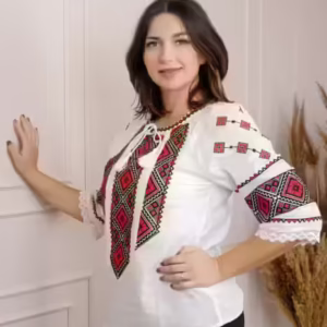 Ie traditionala alba cu motiv geometric rosu Ramona 03