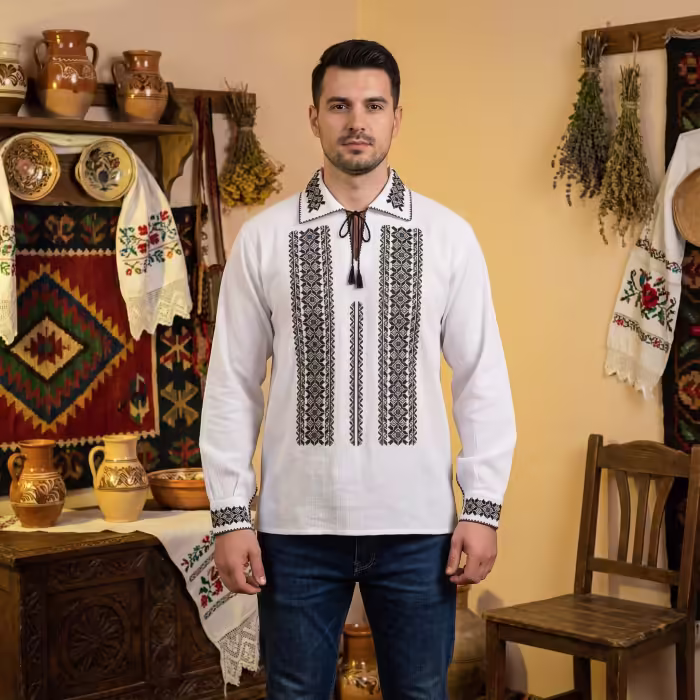 Ie Tradițională Bărbătească Carol 64 cu Broderie Crem