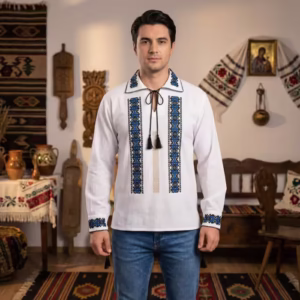 Ie Tradicională Bărbătească Carol 67 - Broderie Crem pe Bumbac Negru