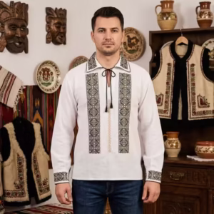 Ie Tradicională Bărbațească Carol 71 - Broderie Crem pe Bumbac Negru