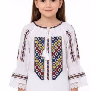 Ie tradițională pentru fetițe Ingrid cu broderie tricoloră