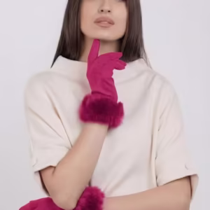 Manusi dama din material textil catifelat cu blanita naturala de iepure, fucsia