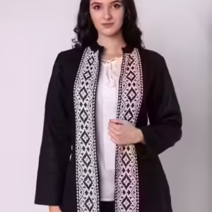 Palton Negru Traditional cu Broderie Geometrică Albă Otilia
